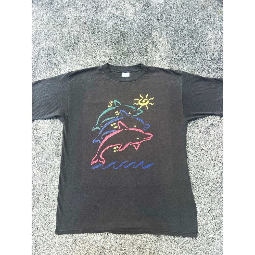 Vintage 90s Dolphin T Shirt Mens XL Made USA Miller Faded Black Ocean Graphic
